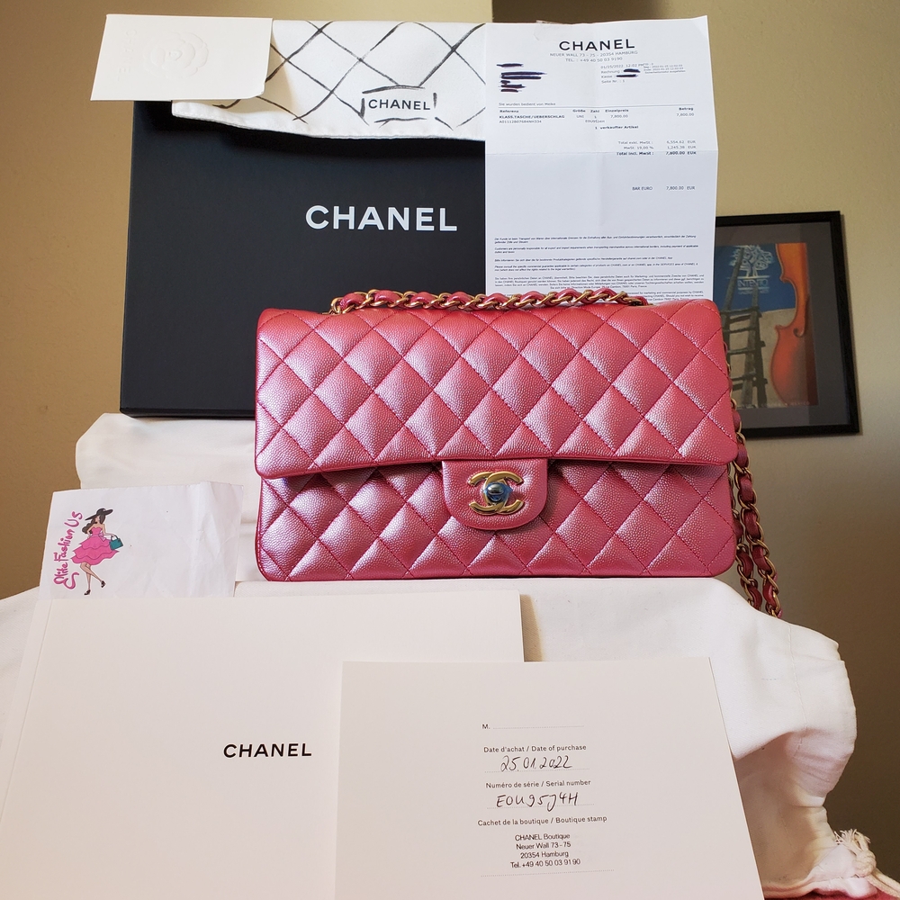 New Chanel Classic Pink Caviar Gold Hw W Receipt Iridescent